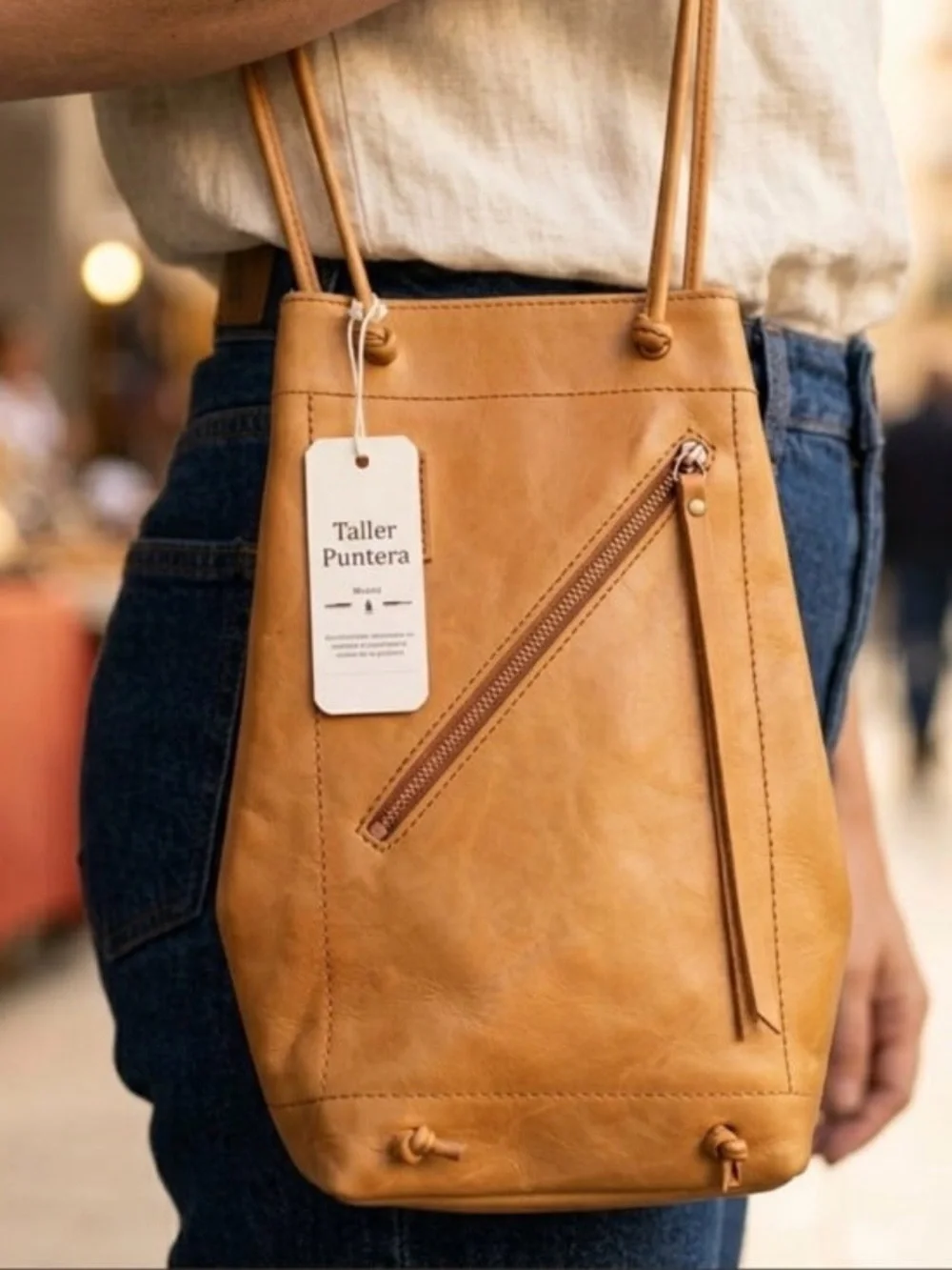 Taller Puntera Madrid  Leather Sling Backpack Cognac Brown NWT Spain